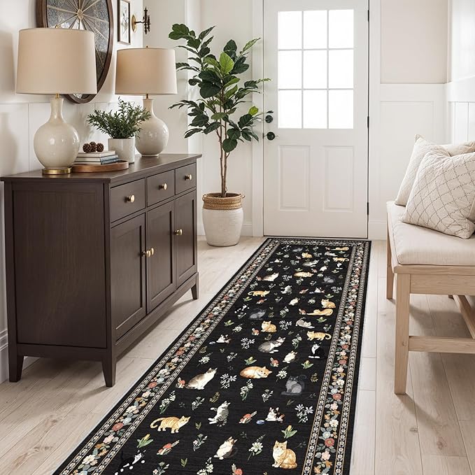 2'6"x8' Washable Kitchen Runner Rug - Soft Low Pile Floral Animal Cat Print Rugs with Non-Slip Backing Waterproof Stain-Resistant Indoor Carpet for Hallway Entryway Bathroom Bedroom (Black)