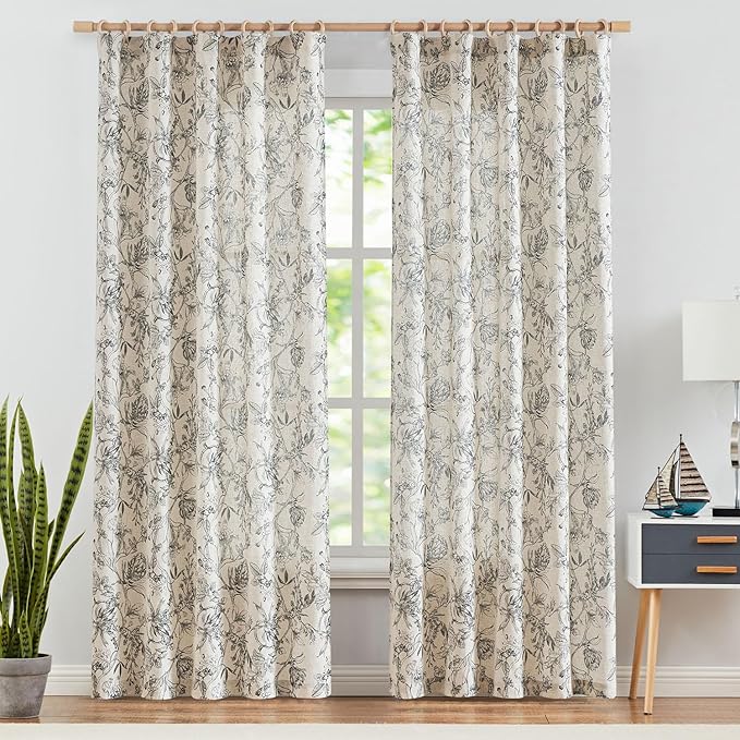 jinchan Floral Curtains 90 Inch Length Black Flower Linen Farmhouse Curtain for Living Room French Country Vintage Curtain Rod Pocket Curtains Set 2 Panels Balck Floral Printed
