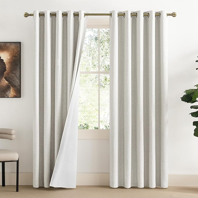 NICETOWN 100% Absolutely Blackout Linen Curtains with Thermal Insulated White Liner, Ivory, 62" Wide, 2 Pieces, Privacy Vertical Window Drapes for Office Laundry Living Room Windows 84 inch Long