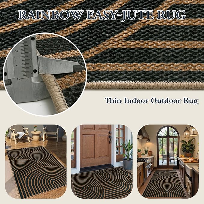 Lahome Enfys Modern Rainbow Easy Jute Patio Rug, 3x5 Washable Rugs for Entryway Farmhouse Carpet, Non Slip Indoor Door Mat Contemporary Throw Carpet for Laundry Guestroom Room Porch Decor