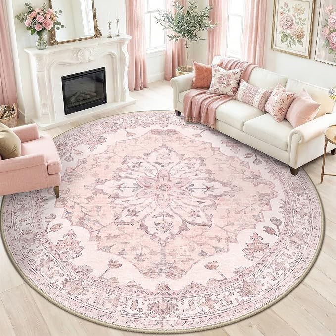 Area Rugs 8ft Washable Non-Slip, Floral Vintage Distress Print Pattern Medallion Carpet for Living Room Bedroom Dining Room, Pink Greypink Cute