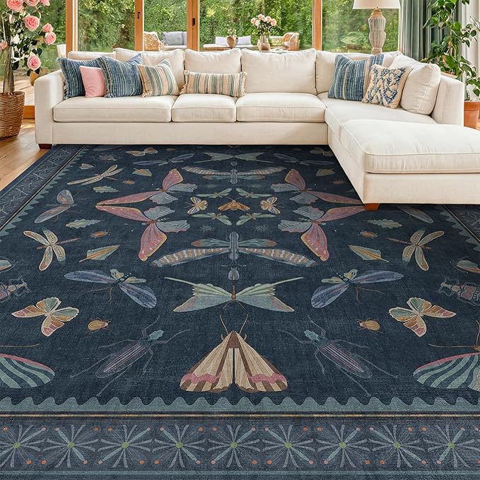 8x10 Large Farmhouse Rugs for Living Room - Unique Washable Area Rug for Bedroom, Dining Room Under Table, Boho & Insect Design, Vintage Moth Décor, Low Pile Soft Carpet (Dark Blue)