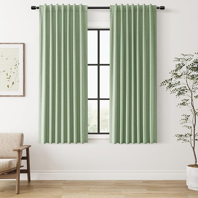 Guken Light Sage 100% Blackout Linen Curtains 63 Inch Length 2 Panels Set for Living Room Bedroom Back Tab/Rod Pocket Thermal Insulated Black Out Drapes Room Darkening Farmhouse Window Curtains
