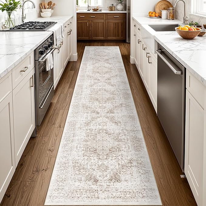 Washable 2'6''x12' Runner Rug - Non-Slip Vintage Runner Rug for Entryway Low-Pile Medallion Long Rugs for Hallway Waterproof Traditional Runner Rugs Indoor Thin Rug for Kitchen (Cream/Beige)