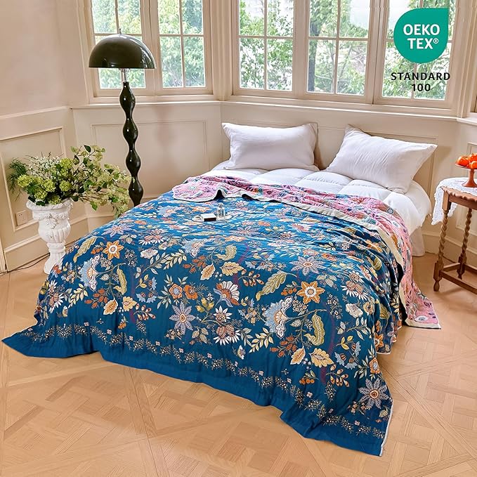 MSGKV Boho Throw Blanket for Bed 60"x80" 100% Cotton Twin Floral Blanket Spring Breathable Lightweigh Muslin Home Decorative Blankets for Couch