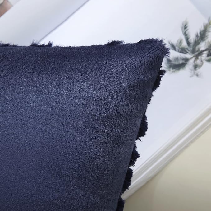 decorUhome Summer Throw Pillow Covers 20x20 Inch Set of 2, Soft Plush Faux Wool Navy Blue Solid Couch Pillow Covers, Accent Farmhouse Neutral Square Pillow Cases for Sofa Bed Living Room