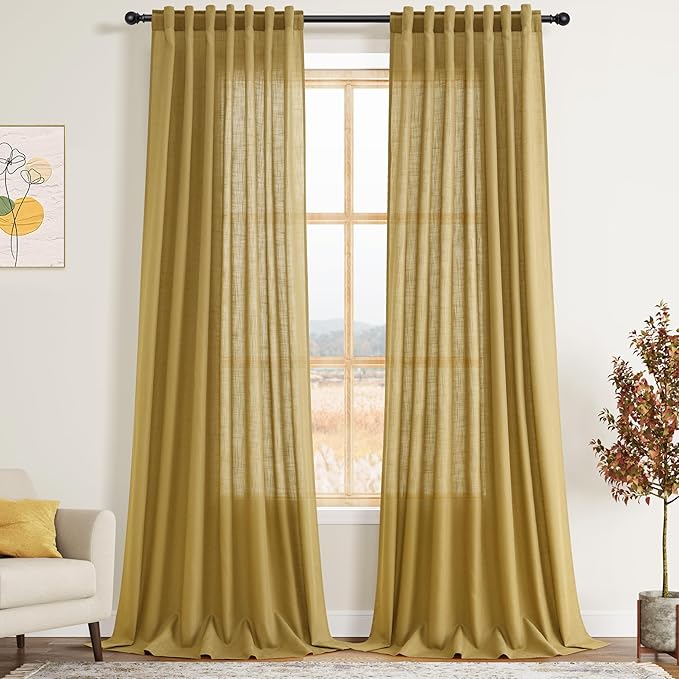 Nanspring Gold Linen Curtains 108 Inches Long for Living Room Bedroom 2 Panels Set Extra Long Back Tab Curtain Light Filtering Sheer Drapes Floor to Ceiling Curtain for Large Windows 52x108