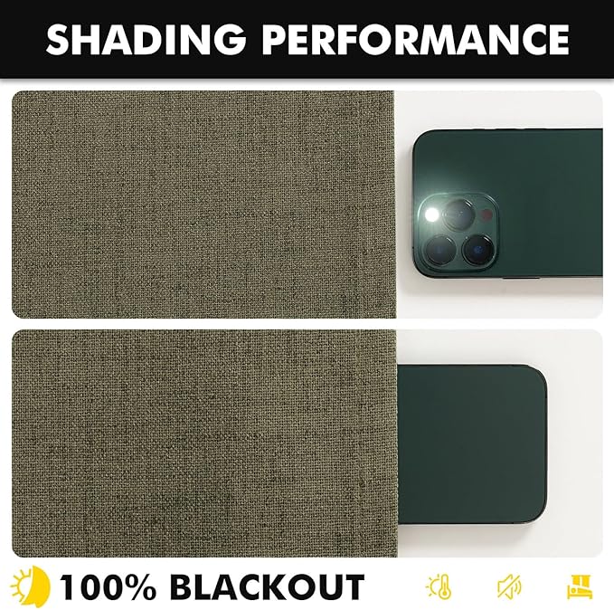 MIULEE 100% Blackout Linen Curtains for Bedroom, Light Olive Green Solid Luxury Decor Thermal Insulation Room Darkening Drapes for Living Room Nursery Back Tab Rod Pocket 42 x 72 Inches, 2 Panels