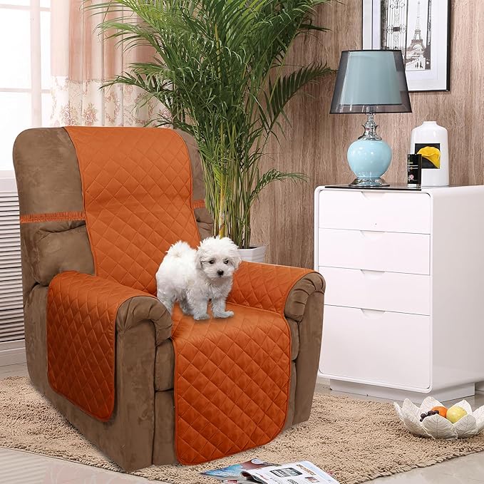 U-NICE HOME Recliner Chair Covers Reversible Chair Cover Pet Covers for Dogs with Elastic Straps Water Resistant Diamond Quilted (28''Recliner Oversized, Orange/Taupe)