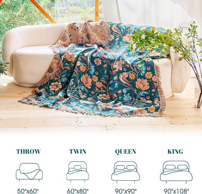 MSGKV Boho Throw Blanket for Couch 50"x60" Cotton Birds Floral Blanket Sofa Chair Blankets Muslin Spring Breathable All Seasons Lightweight Farmhouse Blankets Home Decor
