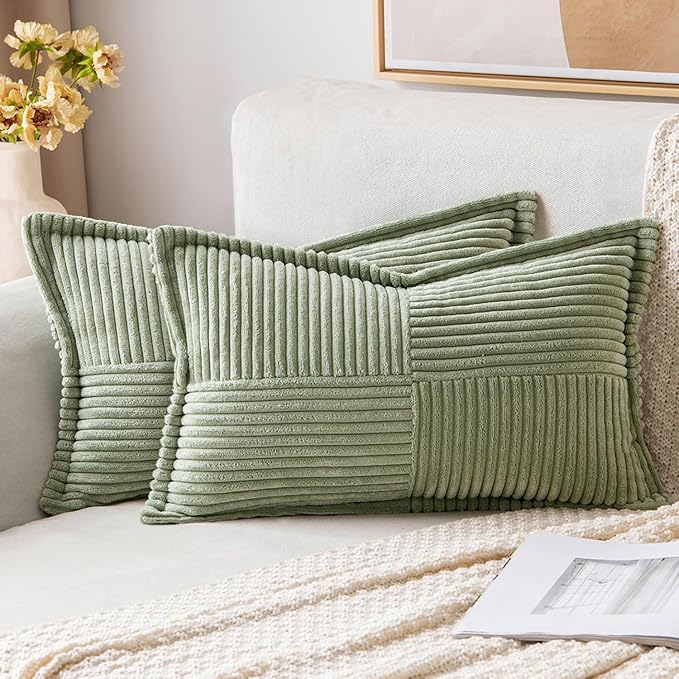 MIULEE Spring Decorative Lumbar Throw Pillow Covers for Couch Bed Livingroom 12x20 Inch Set of 2 Sage Green Boho Accent Throw Pllows Broadside Striped Patchwork Soft Corduroy Pillowcases
