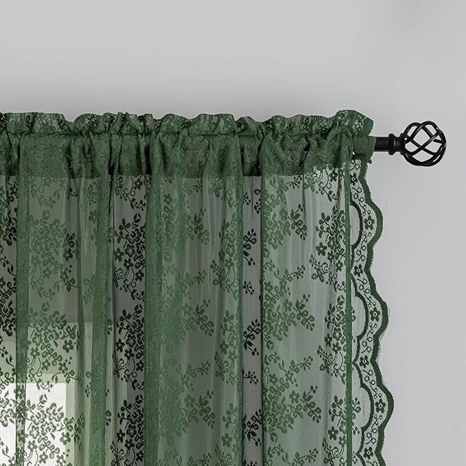 YJ YANJUN Vintage Lace Curtains 90 Inches Long-Victorian Floral Pattern Dark Green Sheer Curtain Panels for Ding Room Bedroom,Light Filtering, Retro Boho Neutral Aesthetic Decor 2 Panels 52W x 90L