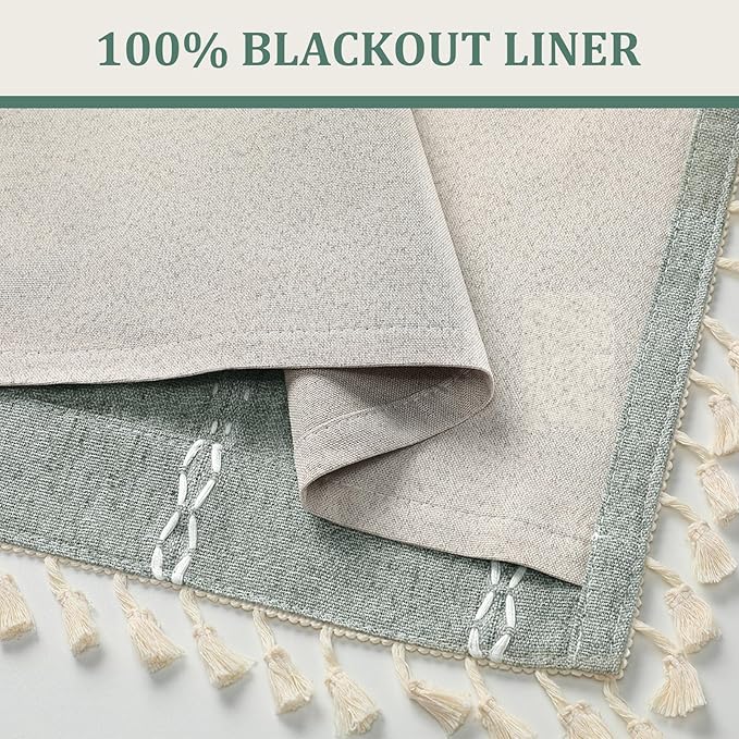 Teal Boho Blackout Curtains 63 Inches Long Light Green Linen Blend 2 Panels with Tassels and Cotton Embroidery, Farmhouse Vintage Rustic Rod Pocket Drapes for Living Room or Bedroom