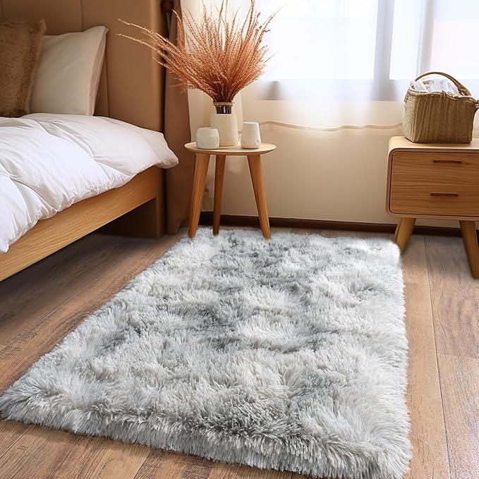 Pionblank Fluffy Small Rug for Bedroom 2x3 Feet, Shag Soft Area Rug, Modern Plush Carpet, Furry Cute Bedside Rug for Kids Girls Boys Room Nursery Decor, Tie Dye Grey