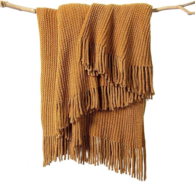 lifein Throw Blanket for Couch, Soft Boho Decor Bed Throw,Cozy Brown Knitted Chenille Small Knit Farmhouse Lightweight Throw (Golden Brown,50 * 60")