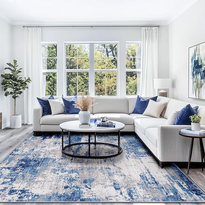Washable Area Rugs 10'x14' Non-Slip Modern Abstract Soft for Living Room Entryway Bedroom Nursery, Print Pattern, Blue Grey Navy Gray