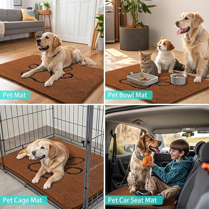 Smiry Dog Door Mat for Muddy Paws, Absorbent Dirt Trapper Non Slip Quick Dry Washable Chenille Mat for Mud Dogs, Entry Rug for Indoor and Outdoor (48x30 Inches, Ochre and Black)