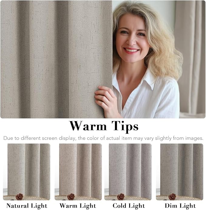 H.VERSAILTEX Linen Curtains 100% Blackout Curtains for Bedroom 102 inch Long Full Light Blocking Nature Linen Blended Window Curtains for Living Room Nickel Grommet (2 Panels, Stone)