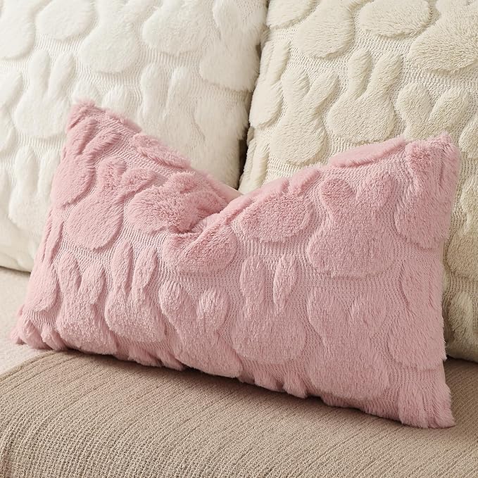 decorUhome Easter Bunny Pillow Covers 12x20 Inch Set of 2, Soft Plush Faux Wool Jacquard Pink Rabbit Cushion Covers, Farmhouse Neutral Spring Easter Holiday Decor for Couch Sofa Bed