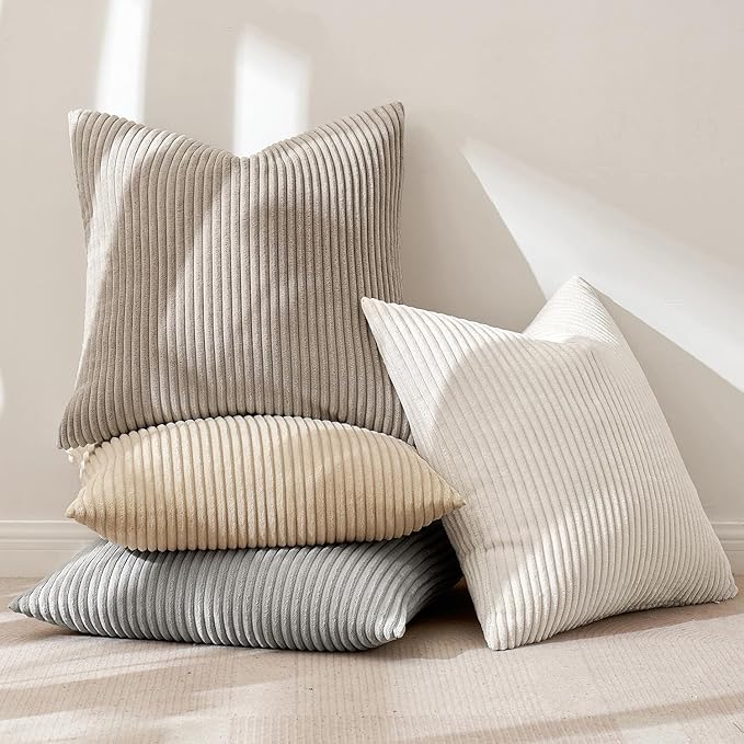 MIULEE Boho Farmhouse Throw Pillow Covers 18x18 Inch Set of 4 Neutral Tan Decorative Cushion Covers Soft Corduroy Nordic Spring Home Decor for Couch Bed Sofa Living Room