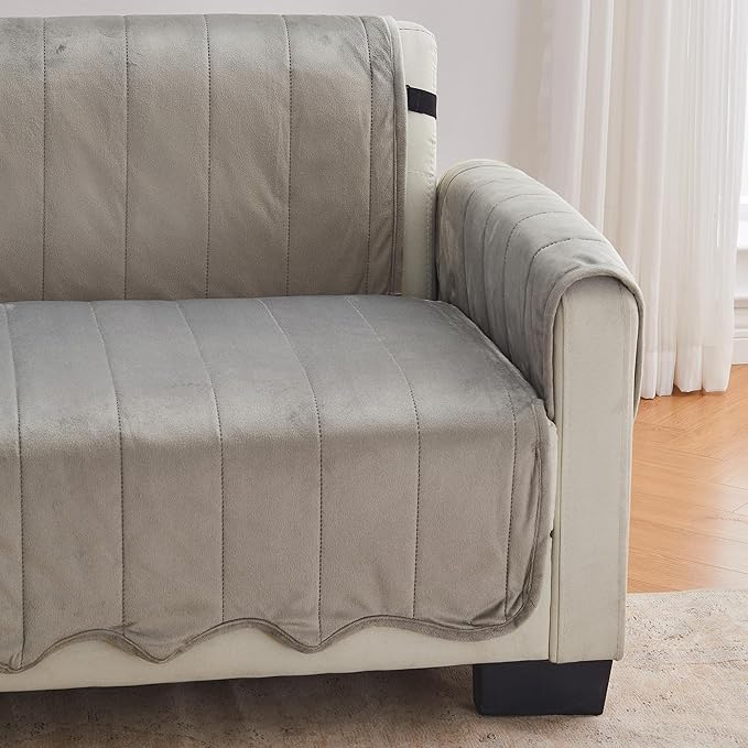 Great Bay Home Velvet Chair Cover - Washable Slipcover Furniture Protector with Elastic Straps - Furniture Cover for Dogs, Kids, and Pets - Stitched Detail (Wild Dove Grey)