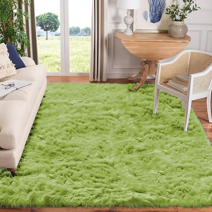 Goolela Lime Green Area Rug 9x12 Fluffy Fuzzy Furry Rug for Bedroom Living Room Shaggy Faux Sheepskin Fur Soft Rectangle