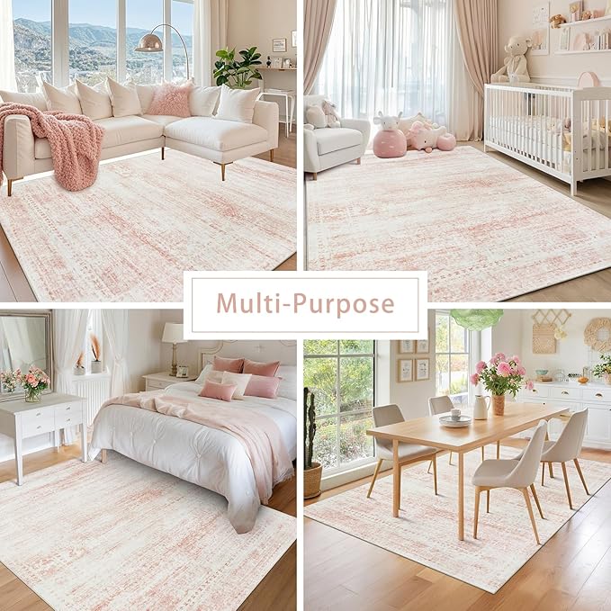 Srugn Washable Rugs 8x10 Area Rugs for Living Room,Rugs for Bedroom,Large Carpets,Ultra Soft Faux Wool Retro Dining Room Rug,Non Slip&Non-Shedding Low Pile Vintage Print Rug for Home Office-Pink White