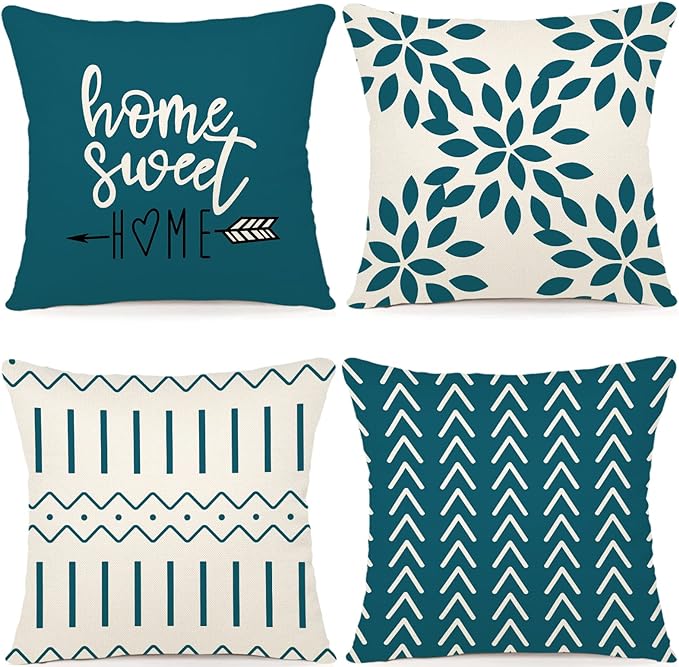 YCOLL Pillow Covers 20x20 Set of 4, Modern Sofa Throw Pillow Cover, Decorative Outdoor Linen Fabric Pillow Case for Couch Bed Car,Teal