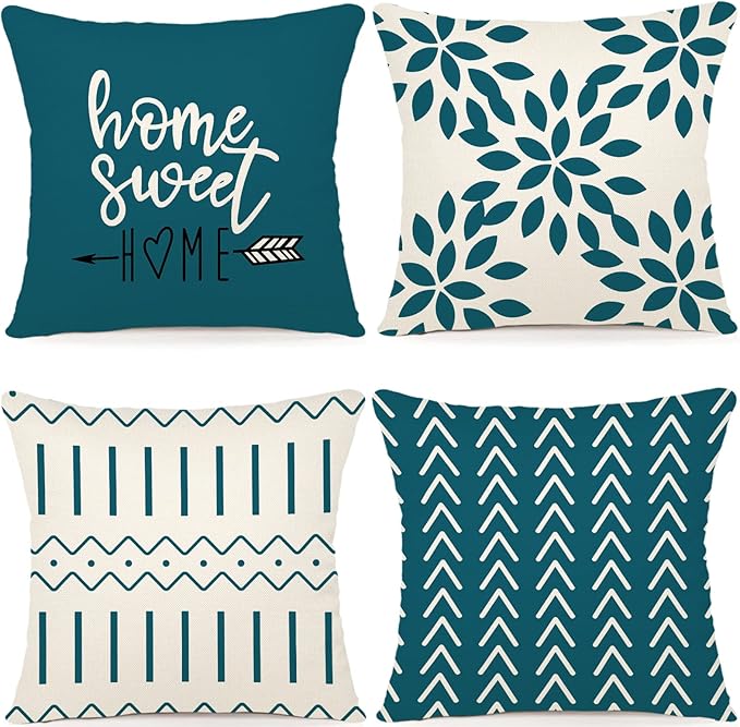 YCOLL Pillow Covers 16x16 Set of 4, Modern Sofa Throw Pillow Cover, Decorative Outdoor Linen Fabric Pillow Case for Couch Bed Car,Teal