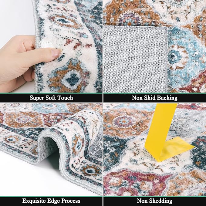 HEBE Hallway Runner Rug 2'x6' Washable Vintage Distressed Area Rugs Non Slip Laundry Rug Runner Boho Floor Carpet Runners for Hallways Entryway Laundry Room Kitchen Bathroom