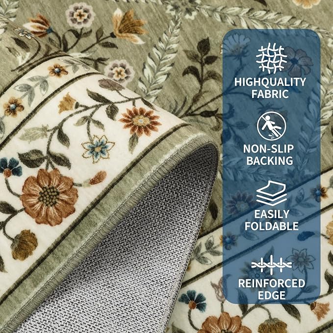 GarveeHome Grey Floral Rug 4x6 Rug Machine Washable Area Rug for Living Room Farmhouse Floral Low Pile for Dining Room, Bedroom Indoor Foldable Non-Slip Green RV