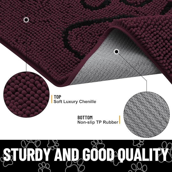 Smiry Dog Door Mat for Muddy Paws, Absorbent Dirt Trapper Non Slip Quick Dry Washable Chenille Mat for Mud Dogs, Entry Rug for Indoor and Outdoor (48x30 Inches, Russet and Black)