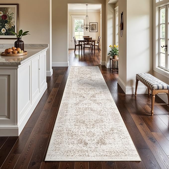 3x12 Washable Hallway Runner Rug - Non Slip Kitchen Runner Rugs with Rubber Backing Vintage Low-Pile Carpet Runners for Entryway Dining Room Laundry Room Home Decor (Cream/Camel)