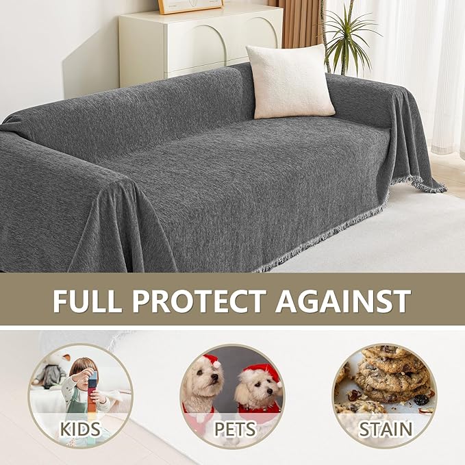 MYSKY HOME Loveseat Cover Charcoal Gray Couch Cover Sectional Couch Covers for 2 Cushion Couch Sofa Thick Universal Chenille Sofa Cover with Tassel Durable Furniture Protector for Dogs 91" x 118"