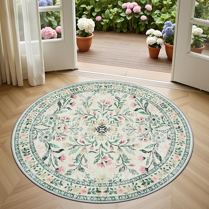 Round Area Rug for Living Room: 4 ft Floral Washable Circle Rug Soft Non-Slip Carpet Indoor Stain Resistant Low Pile Small Circular Rug for Bedroom Entryway Kitchen Nursery Home Office Green Beige