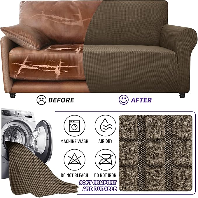 ZNSAYOTX Super Stretch Couch Cover (72"-92") Universal Sofa Covers with Elastic Bottom, Dog Cat Pets Friendly Washable Furniture Protector Fitted Sofa Slipcovers Stay in Place (Brown, Sofa)