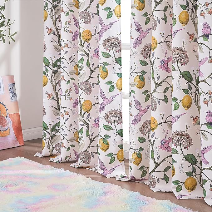 Topfinel Pink Window Curtains 96 Inch Long Cute Heat Block Vintage Farmhouse Elegant Whimsical Floral Hummingbird Dusty Rose Drapes Sound Dampening Curtains for Girls Kids Room Living Room 2 Panels