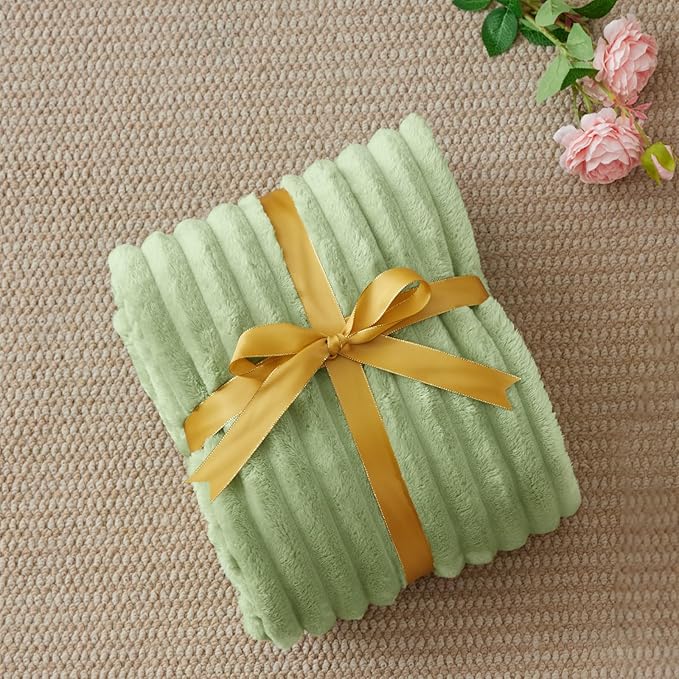 BEDELITE Fleece Throw Blanket for Couch - 300GSM Soft & Warm Fluffy Sage Green Blanket, Decorative and Giftable Striped Blankets for Women, Men, 50"x60"