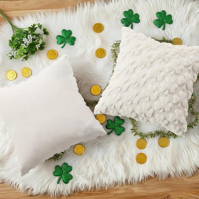 decorUhome St. Patrick’s Day Shamrock Pillow Covers 16x16 Inch Set of 2, Soft Plush Faux Wool Cream White Throw Pillow Covers, Farmhouse Spring Holiday Decor for Sofa Living Room