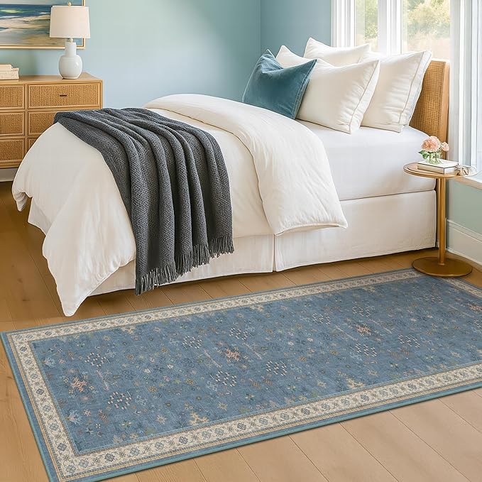 Hazo Haus Boho 2x6 Non Slip Kitchen Rug Runner - Light Blue Washable Rug for Bathroom, Laundry Room, Hallway, Non Slip with Rubber Backing, Floral Eclectic Unique Runner Décor