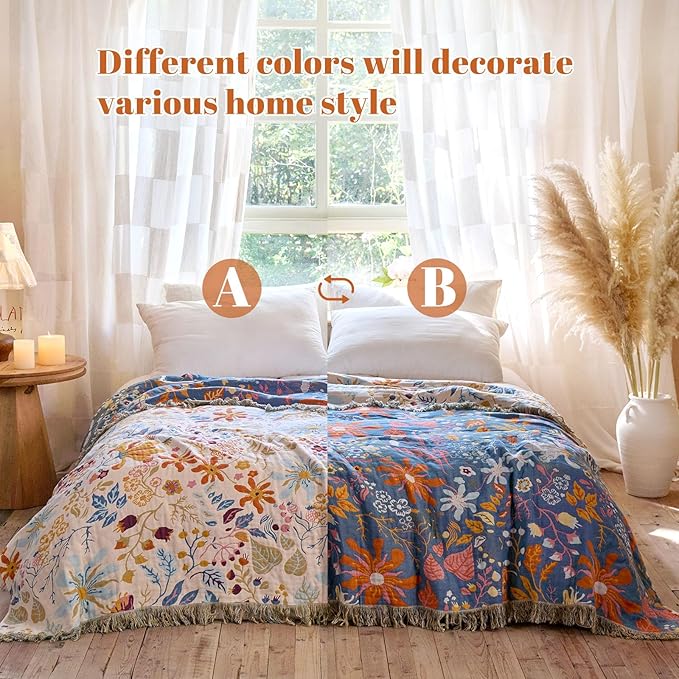 MSGKV Boho Throw Blanket for Couch 100% Cotton 50"x60" Floral Blanket Sofa Chair Throws Spring Breathable Lightweight Farmhouse Blankets Home Decor All Seasons