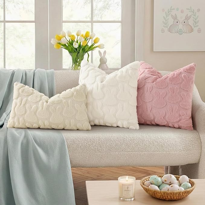 decorUhome Easter Bunny Pillow Covers 18x18 Inch Set of 2, Soft Plush Faux Wool Jacquard Cream White Rabbit Cushion Covers, Farmhouse Neutral Spring Easter Holiday Decor for Couch Sofa Bed