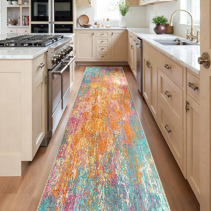 Washable Area Rugs 2'x10' Non-Slip Modern Abstract Soft for Living Room Entryway Bedroom Nursery, Print Pattern, Orange Blue Pink Yellow Colorful