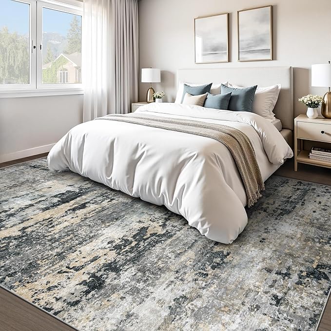pmtsns Area Rugs 8x10 for Living Room: Washable Rug Modern Abstract Neutral Soft Non-Slip Low-Pile Indoor Large Carpet for Bedroom Dining Room Playroom Home Office (Black Grey Brown, 8'x10')
