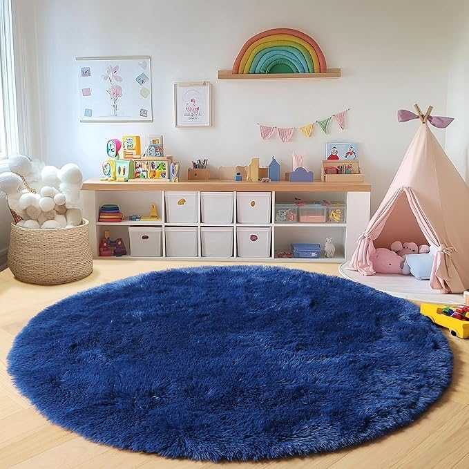 ONASAR Navy Blue Round Area Rugs 5ft, Soft Bedroom Circle Rug Floor Mat for Kids Girls Boys Teen Room, Fluffy Plush Shaggy Carpet for Baby Nursery Living Room Playroom Dorm Home Decor