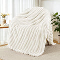 Exclusivo Mezcla Fleece Throw Blanket for Couch, Super Soft Striped Jacquard Bed Blanket, Lightweight Fuzzy Cozy for All Seasons, 50x60 Inches, Ivory
