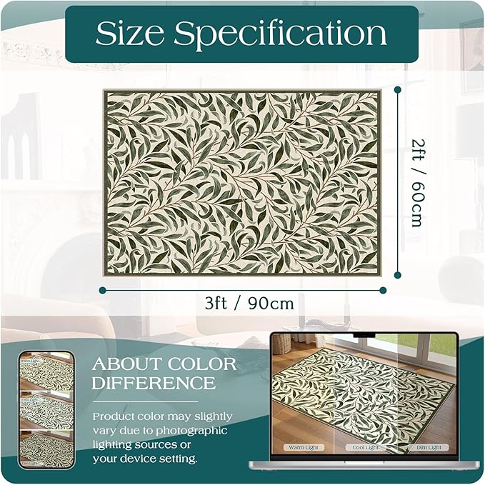 Front Door Mat Outside Entrance - 2x3 Boho Non-Slip Washable Spring Doormat Indoor Outdoor Entrance Sage Olive Green Leaf Rug Small Throw Rugs for Entryway Bedroom Kitchen Front Porch Decor