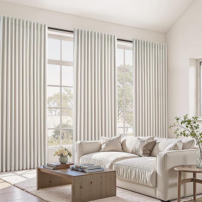 Extra Wide 100 Inch Length Blackout Curtains & Drapes 96 Inches Long 2 Panels Set for Sliding Glass Doors Modern Pleated Linen Blend Heavy Floor to Ceiling Large Window Drapes(100"Wx96"Lx 2 Birch)