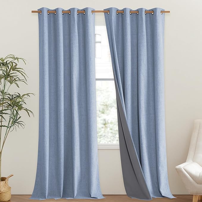 NICETOWN Stone Blue Vintage Linen 100% Blackout Curtains for Living Room, Thermal Insulated Curtains 108" Long, Noise Reducing Window Treatment Drapes for Hall Room, 52" Wide Per Panel, Set of 2