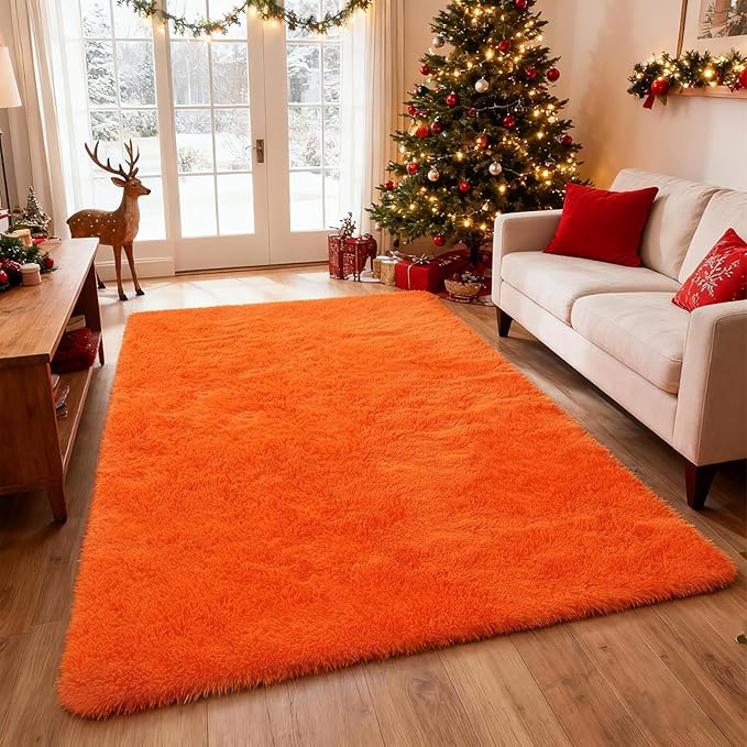 Orange Shag Area Rugs for Bedroom Living Room,5X8 Ultra Soft Fluffy Area Rugs for Dorm, Indoor Carpet Nursery Rugs for Kids Room Home Halloween Decor